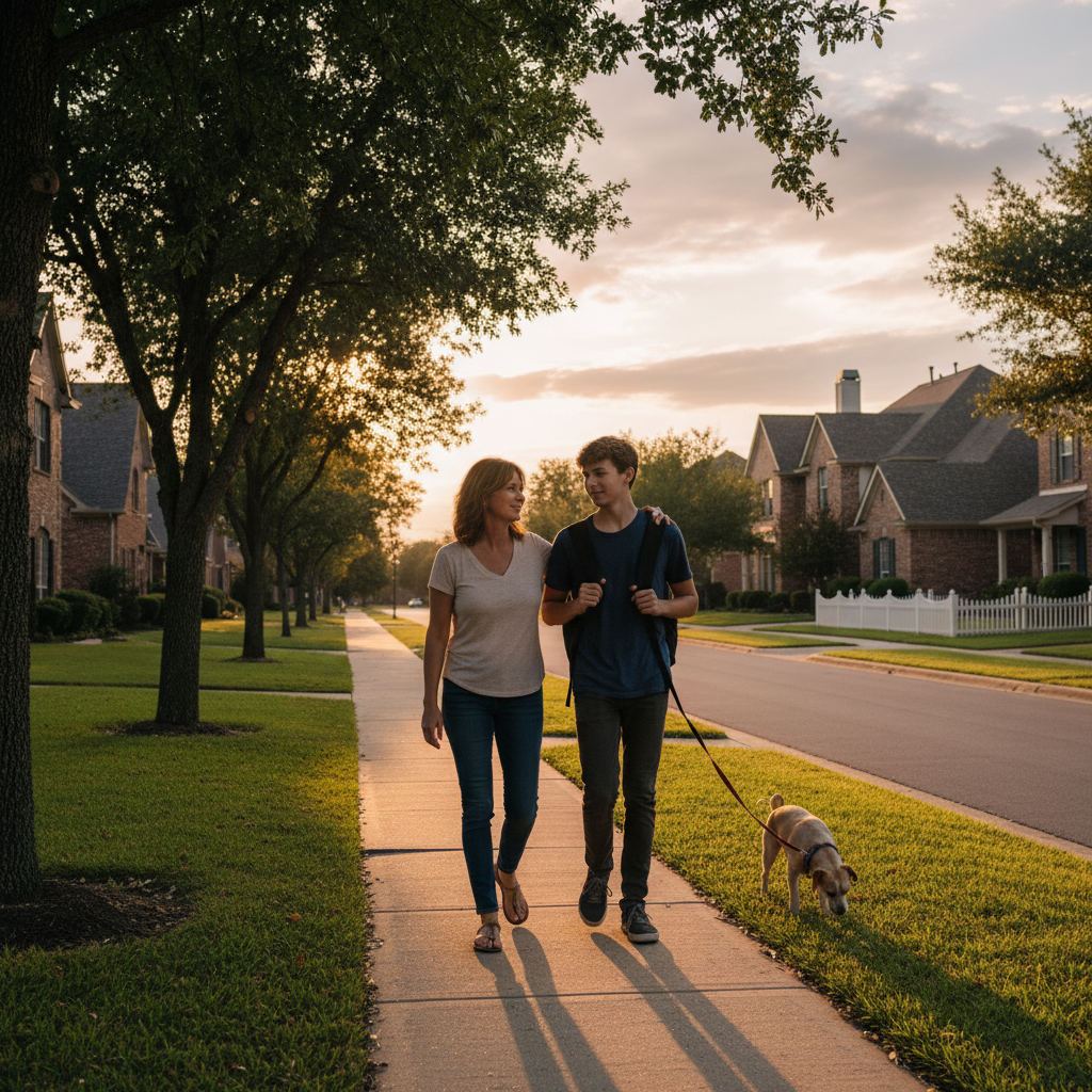 Supportive adult and teen walking at sunset, modeling consistent recovery support routines for families