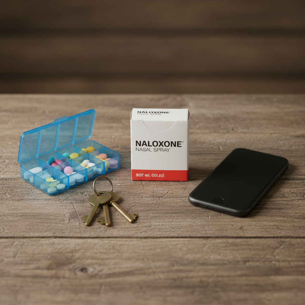Close-up harm-reduction toolkit with naloxone nasal spray, pill organizer, and keys used for family resources addiction recovery support