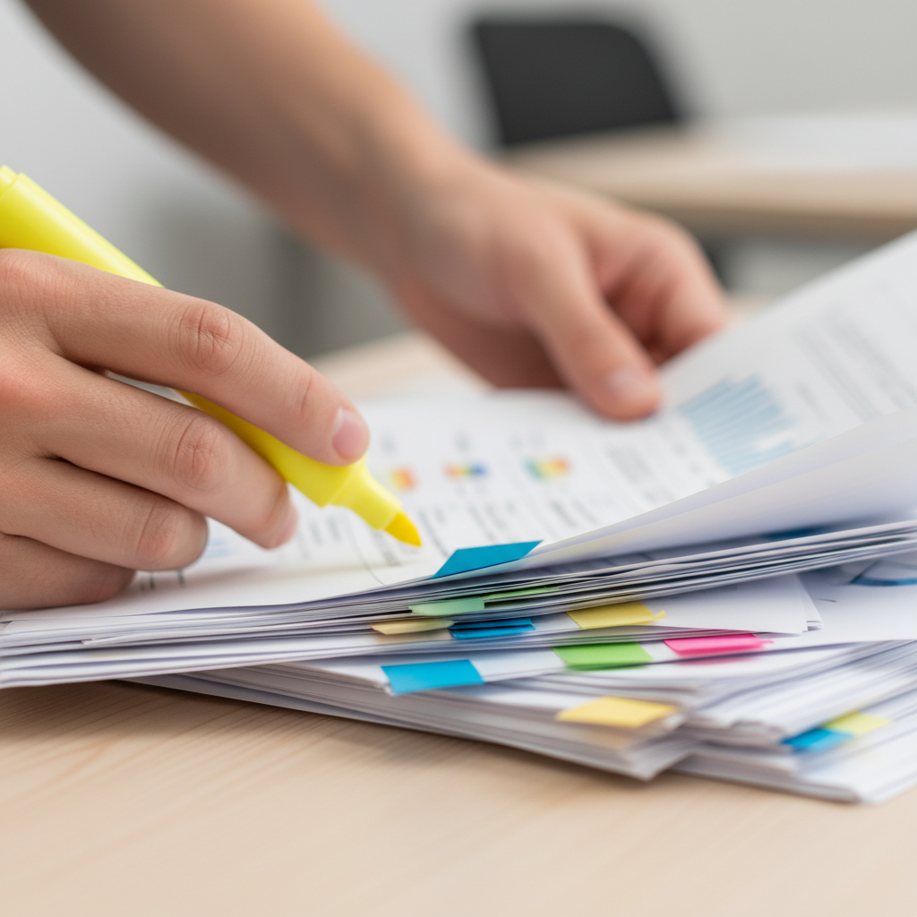 Close-up of organizing sources for facts and citations in SEO content with sticky tabs and highlighter