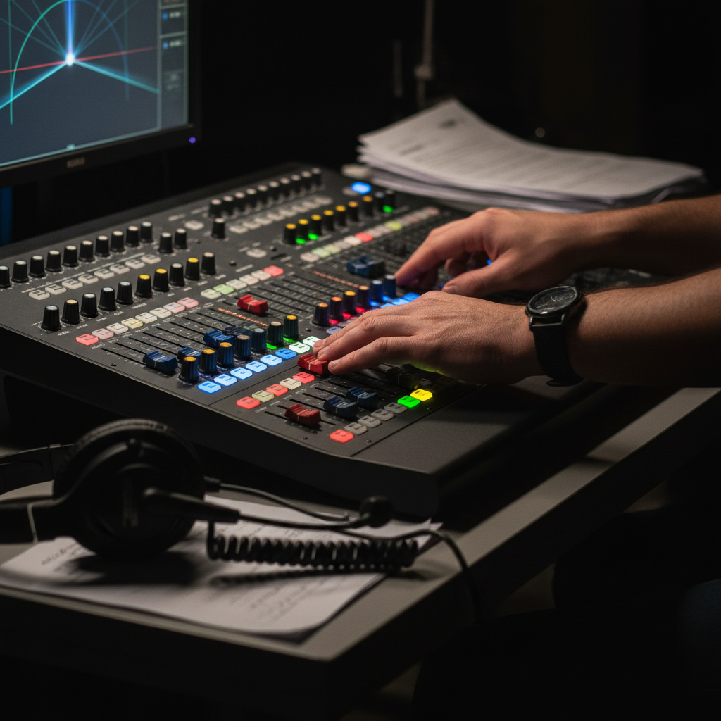 Close-up of lighting console for event staging and production tips at Mississauga Convention Centre, showing faders and controls used to cue lights reliably