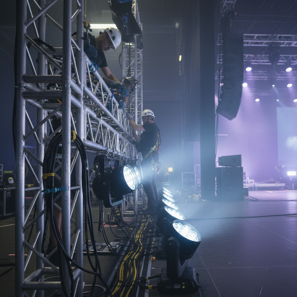 Backstage crew adjusting truss and uplights for event staging and production tips at a modern convention center, with safe rigging and organized cables