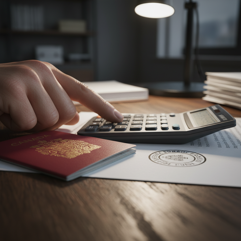 Close-up of a calculator with Canadian passport and notary stamp, representing Express Entry points calculation and CRS strategy