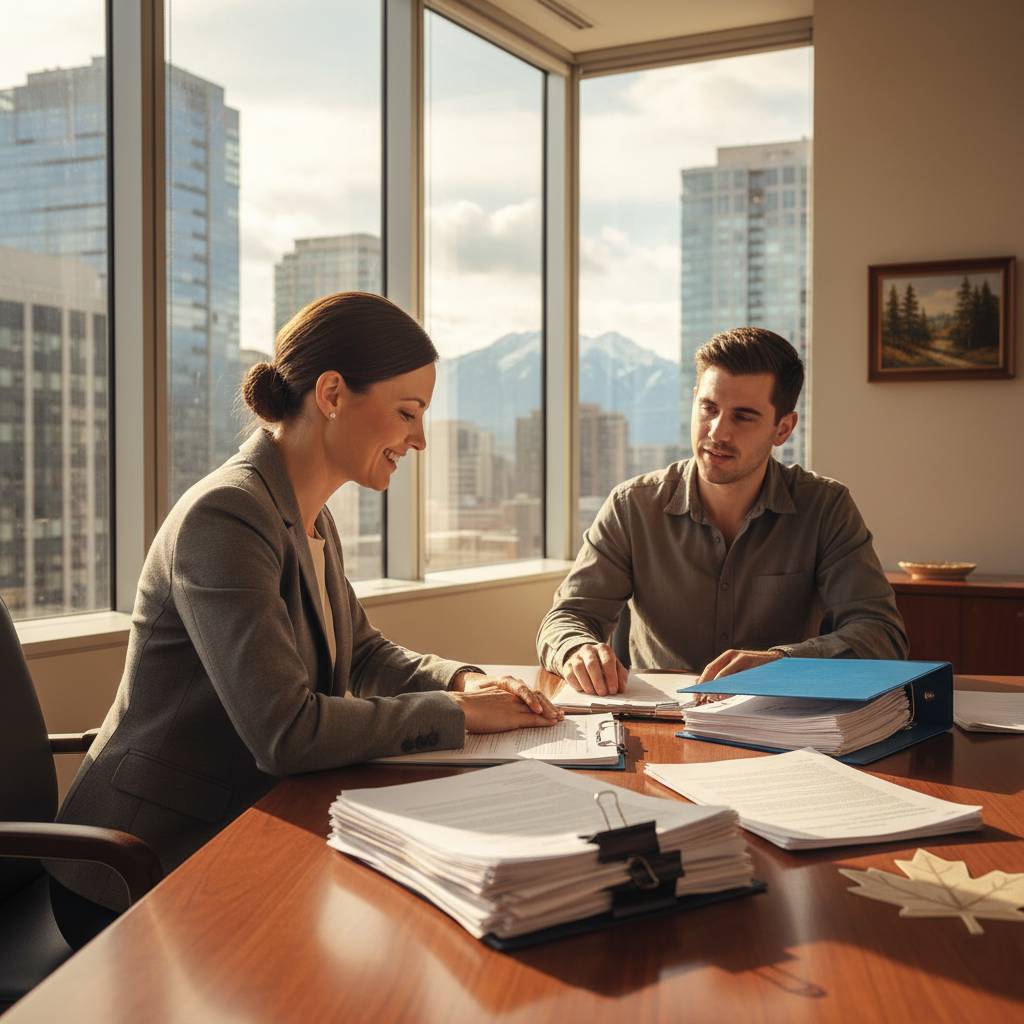Immigration lawyer consulting with a client in a bright office, illustrating professional CRS review and Express Entry strategy