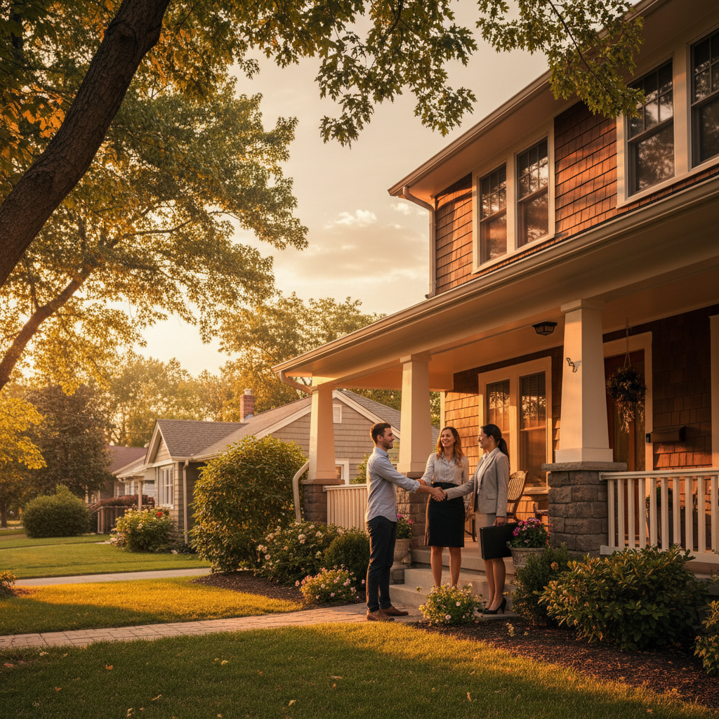 Warm evening handshake on a home porch representing a clean, secure real estate closing in Canada