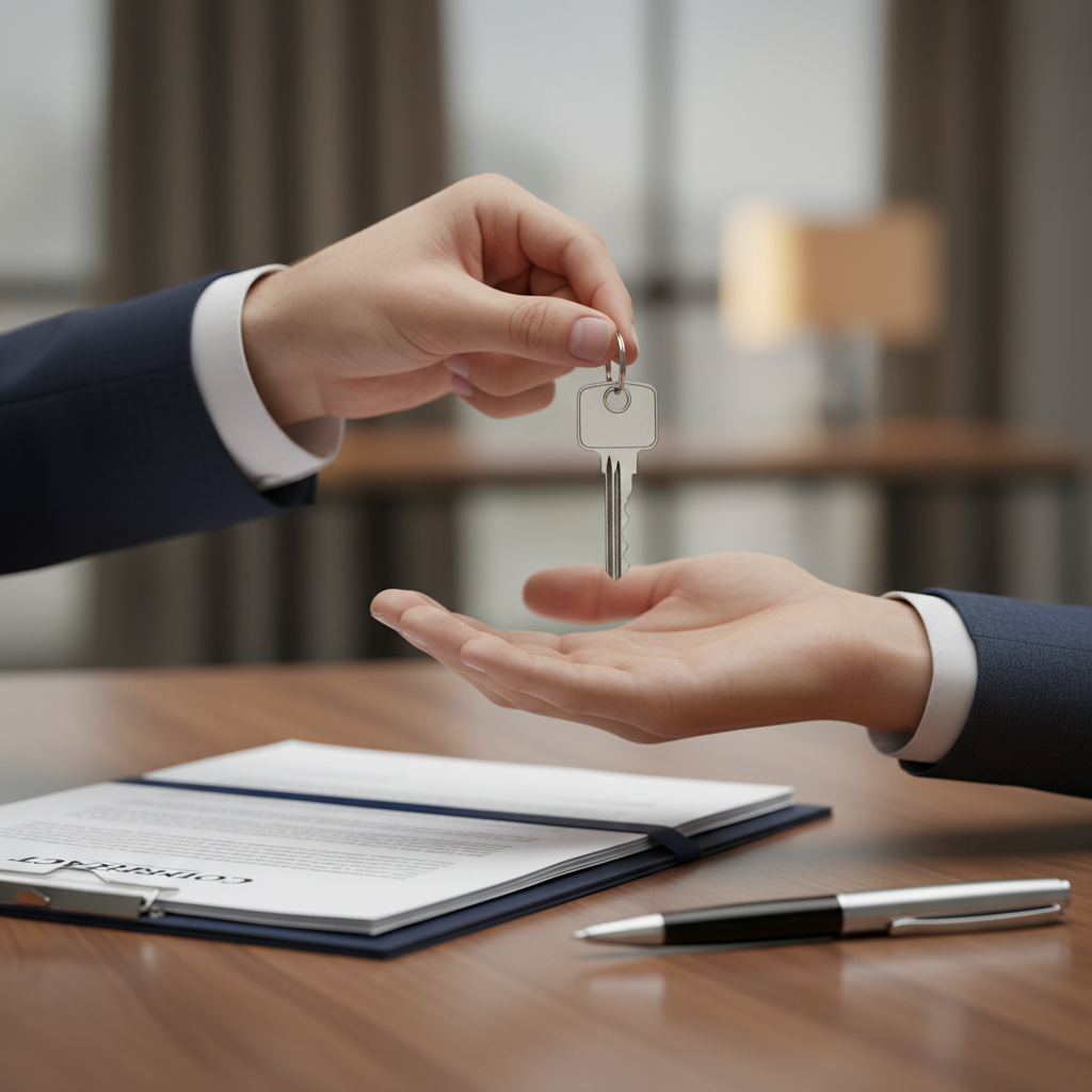 Close-up of a house key handoff over signed real estate contracts showing legal guidance for property transactions