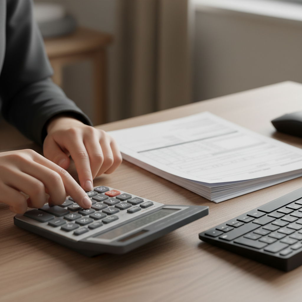 Close-up payroll calculation setup with calculator and forms illustrating payroll processing and STP compliance controls
