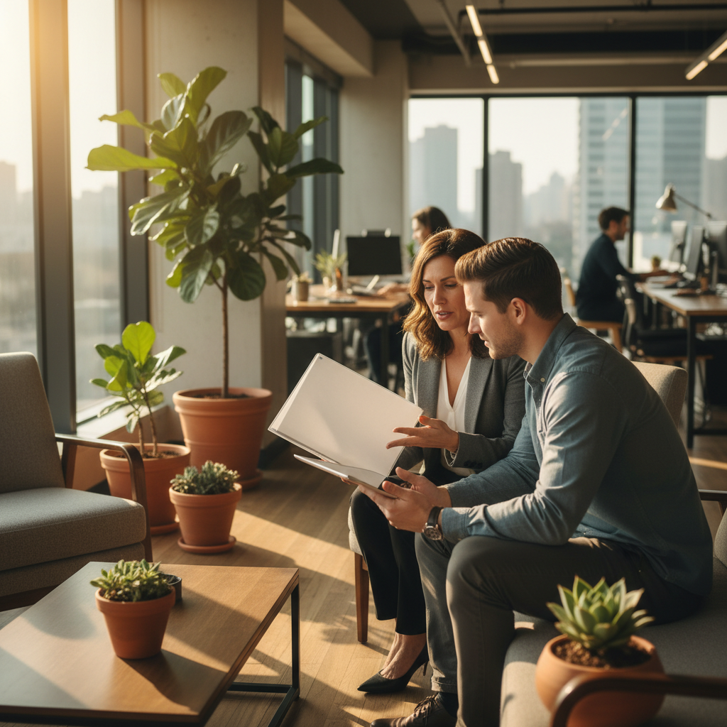 Manager onboarding a new employee in a Sydney office lounge, reflecting clean payroll onboarding and STP setup