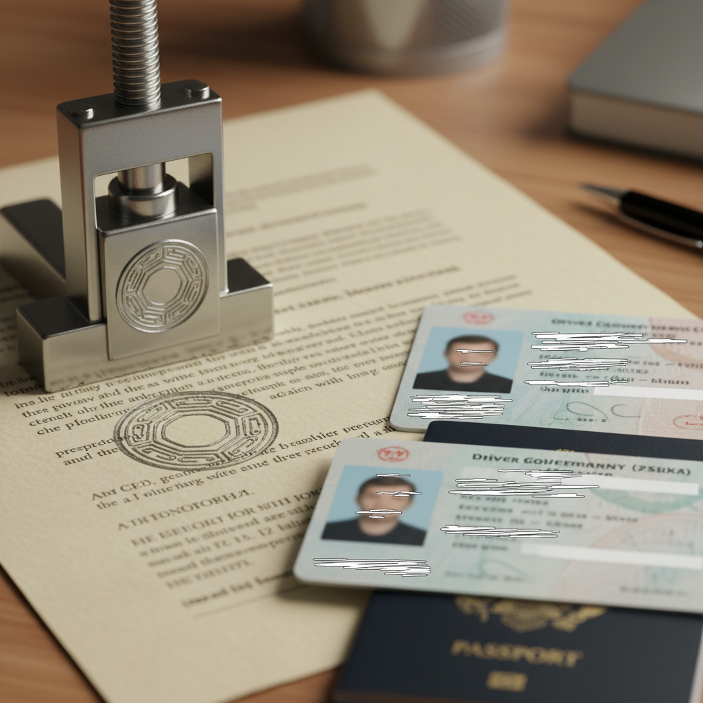 Close-up of a notary seal embossing a legal document beside passport and ID, illustrating notarized documents requirements in Toronto