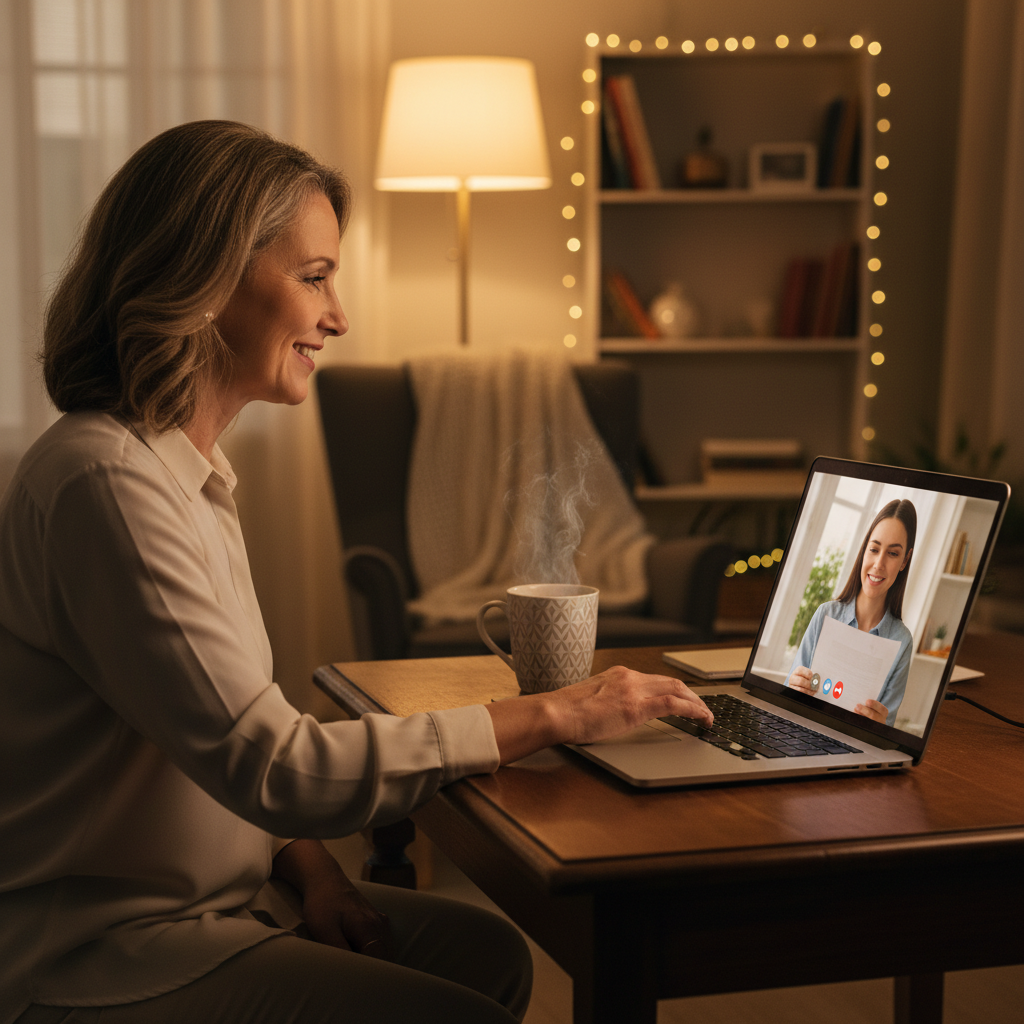 Friendly mortgage broker on video call guiding a homeowner through a home equity calculator result and refinance options