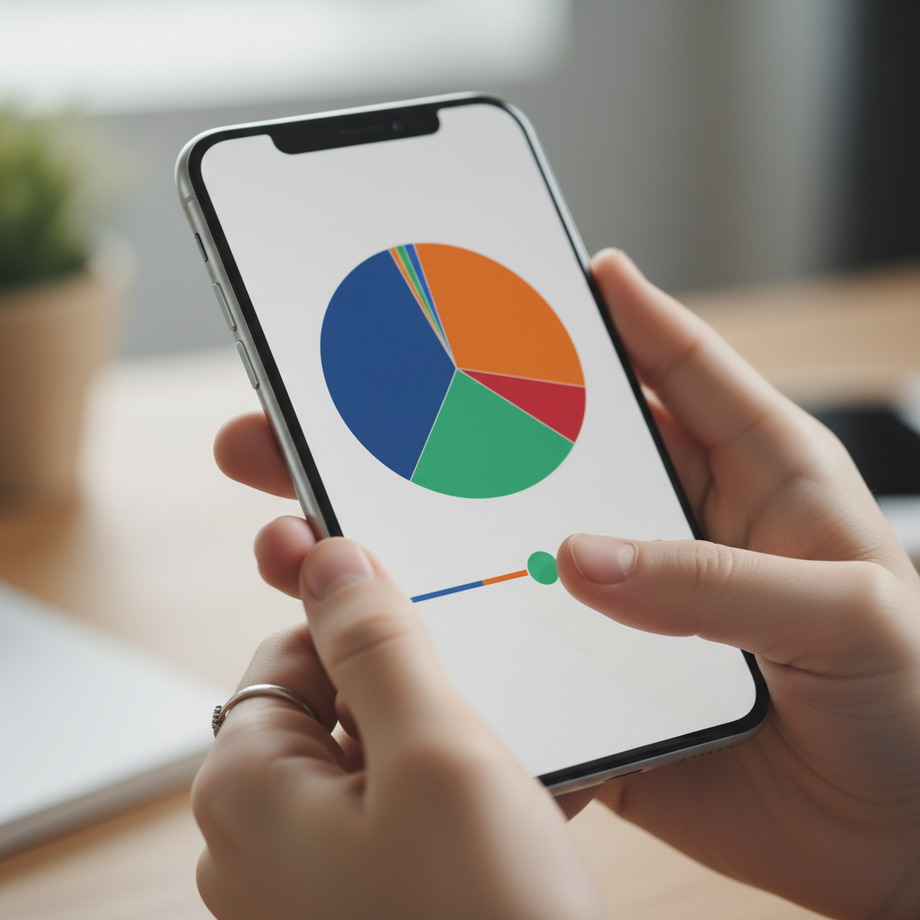 Hands using a smartphone home equity calculator showing an equity-style pie chart; step-by-step calculation context for homeowners