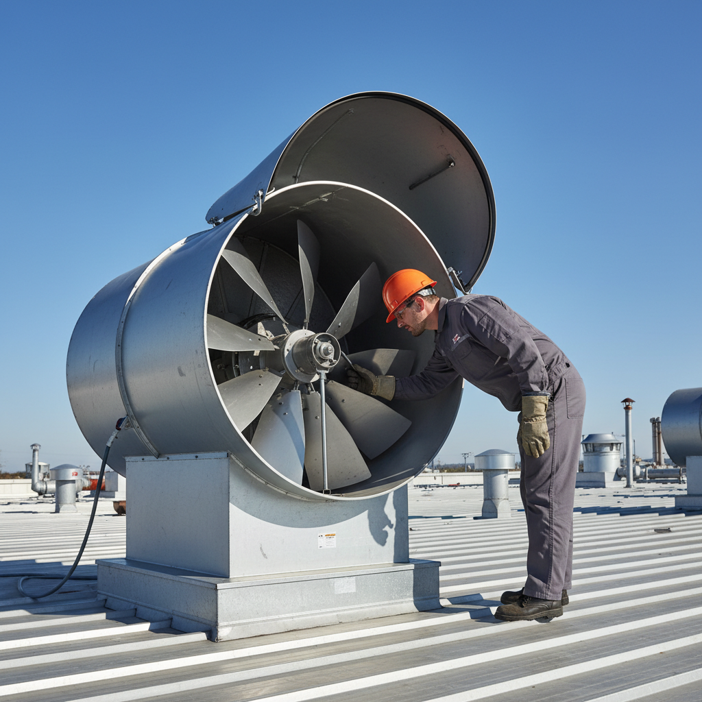 Rooftop upblast exhaust fan opened on hinge for inspection, part of commercial kitchen ventilation maintenance best practices in Ontario