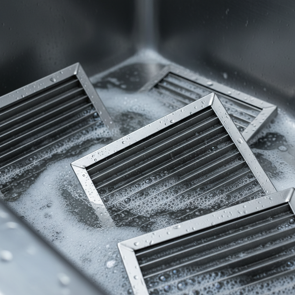 Close-up of stainless baffle grease filters during cleaning, crucial for commercial kitchen ventilation efficiency and NFPA 96-aligned capture