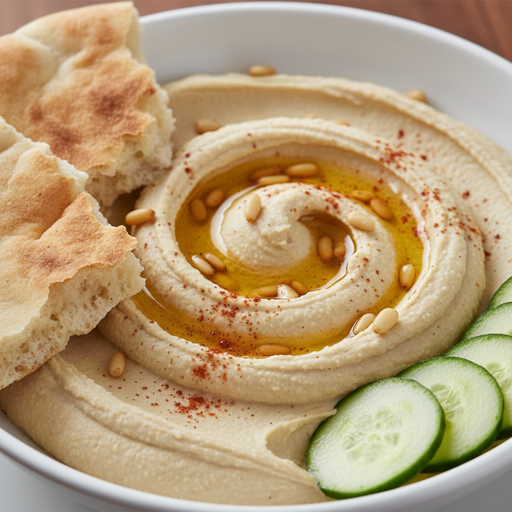Close-up of hummus with olive oil, paprika, and pine nuts beside warm pita—mezze platter component from a Toronto restaurant