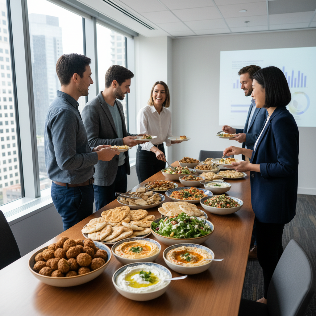 Office buffet scene with Mediterranean mezze trays and shawarma being served to a small team in downtown Toronto