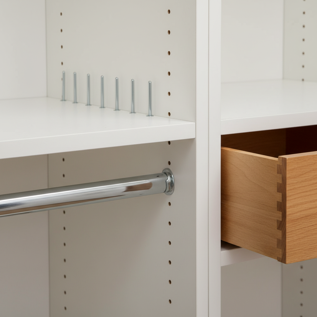 Closet Organization Systems Guide: Save Space Fast 1 Detail of adjustable closet shelving, soft-close drawer box, and chrome hanging rod for a custom closet organization system