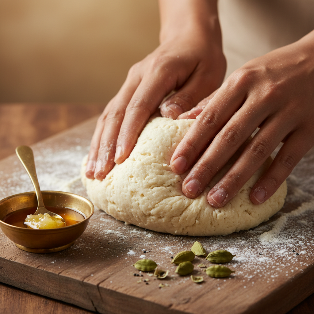 Close-up khoya dough for gulab jamun being kneaded with cardamom and ghee for authentic Punjabi sweets