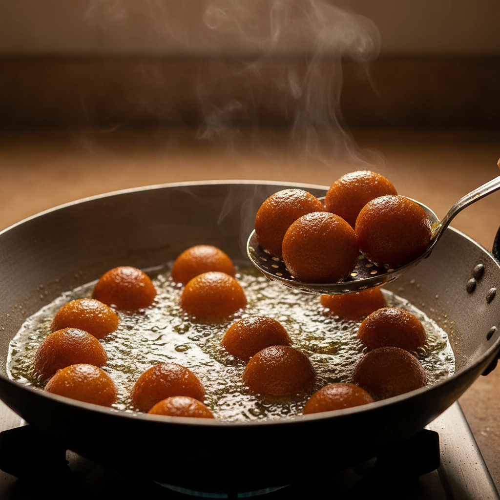 Gulab jamun frying in pure ghee in a kadhai, golden spheres lifted with a slotted spoon for traditional mithai