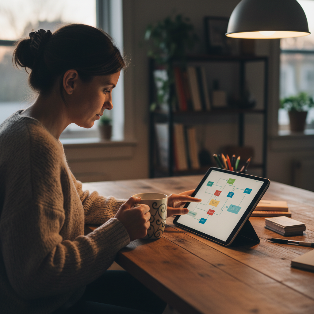 Small business owner reviewing an AI automation flow that powers keyword discovery, clustering, and scheduling for hands-free publishing