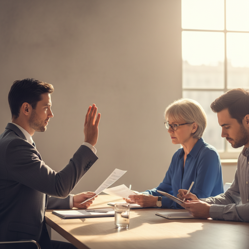 Client taking an oath during affidavit commissioning in a Brampton law office meeting room