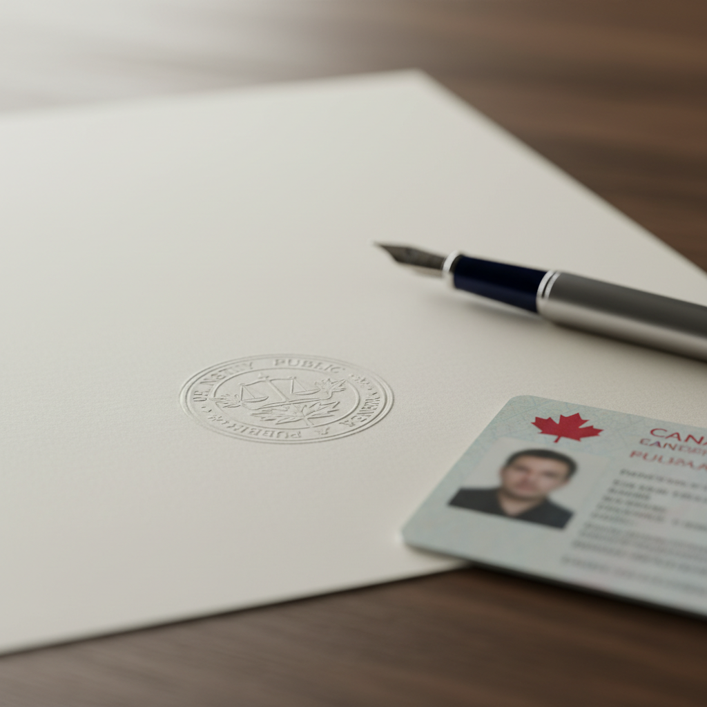 Close-up of an embossed notary seal, pen, and Canadian photo ID used to meet Ontario court affidavit requirements