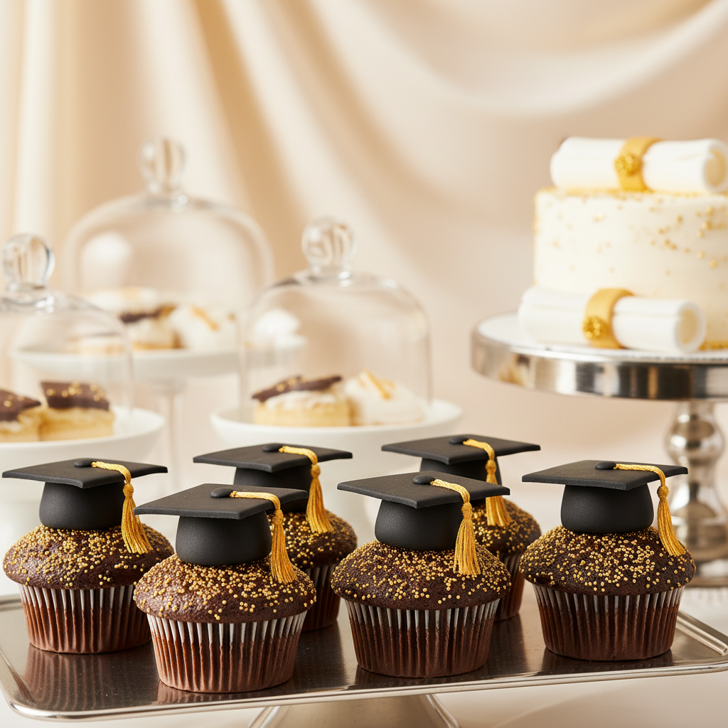 Graduation-themed dessert station with cupcakes and gold accents at a Mississauga venue