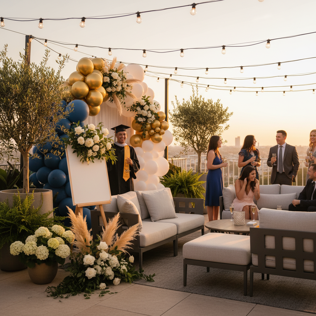 Outdoor patio graduation party with bistro lights and sunset ambiance in Mississauga