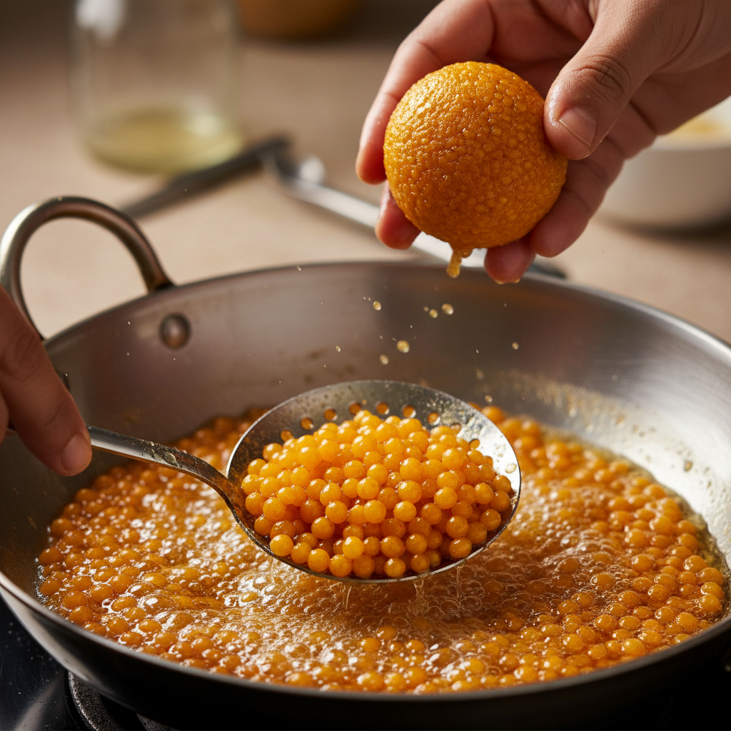 Close-up of boondi pearls frying in ghee, being gathered with a slotted spoon for traditional motichoor ladoo preparation at an Indian sweets kitchen