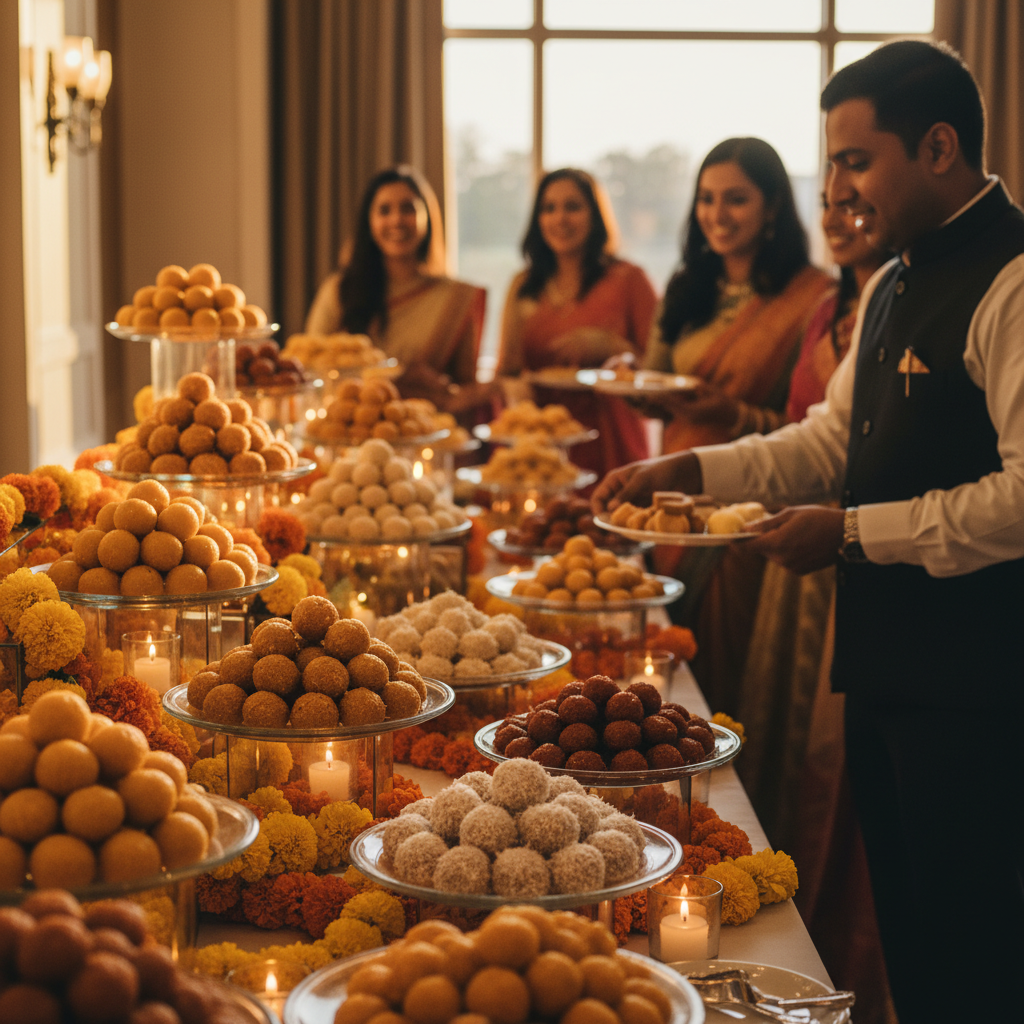 Wedding dessert table in Brampton showing assorted ladoo varieties on tiered platters with marigold decor and candles for a premium mithai display
