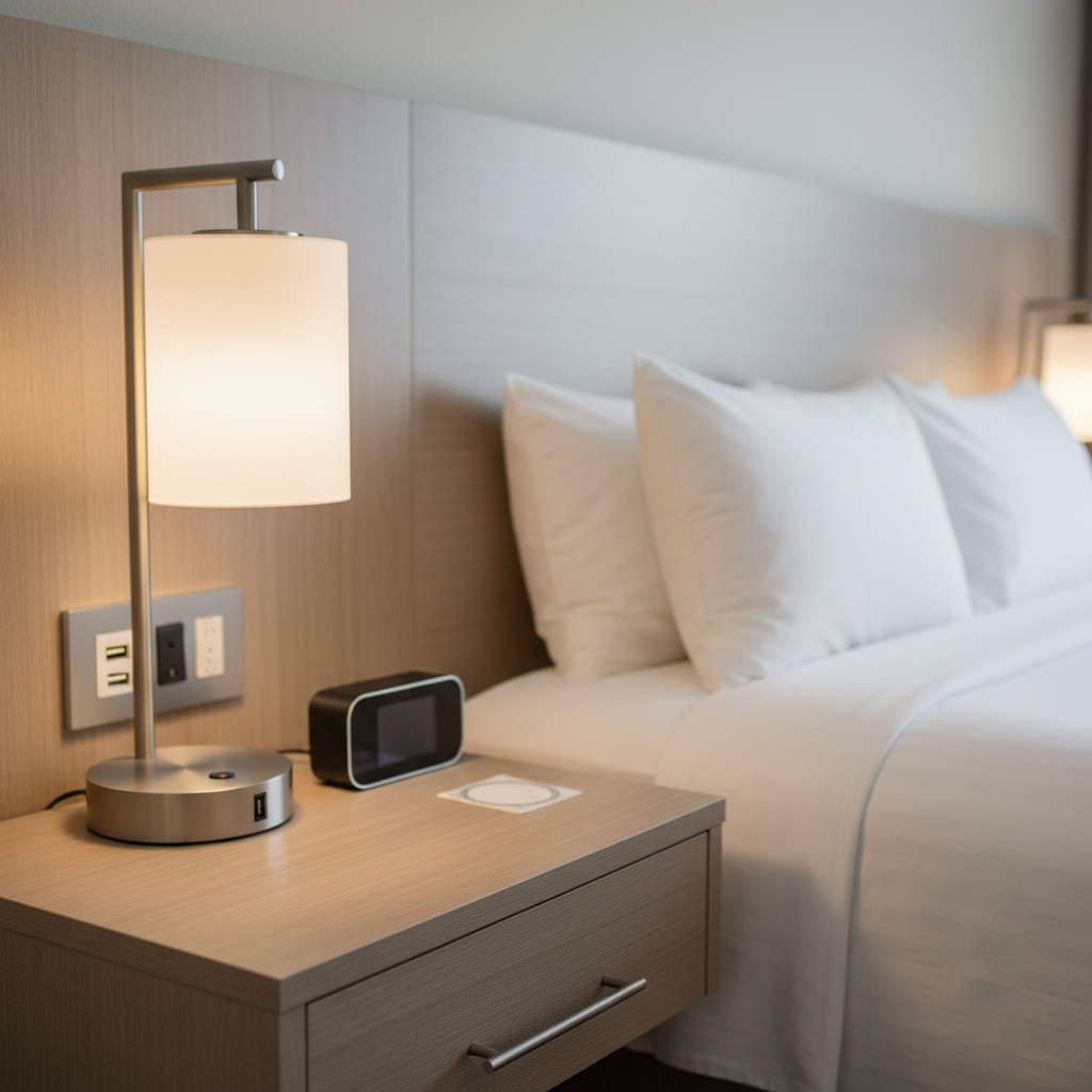 Close‑up of nightstand outlets and lamp supporting an affordable motel room features checklist in North Conway