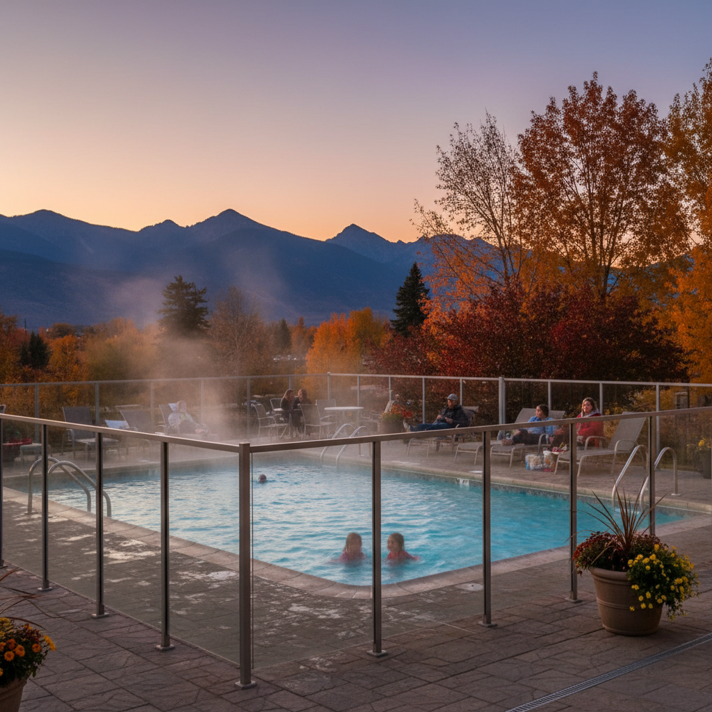 Outdoor heated motel pool at sunset in North Conway—valuable amenity on an affordable motel room features checklist