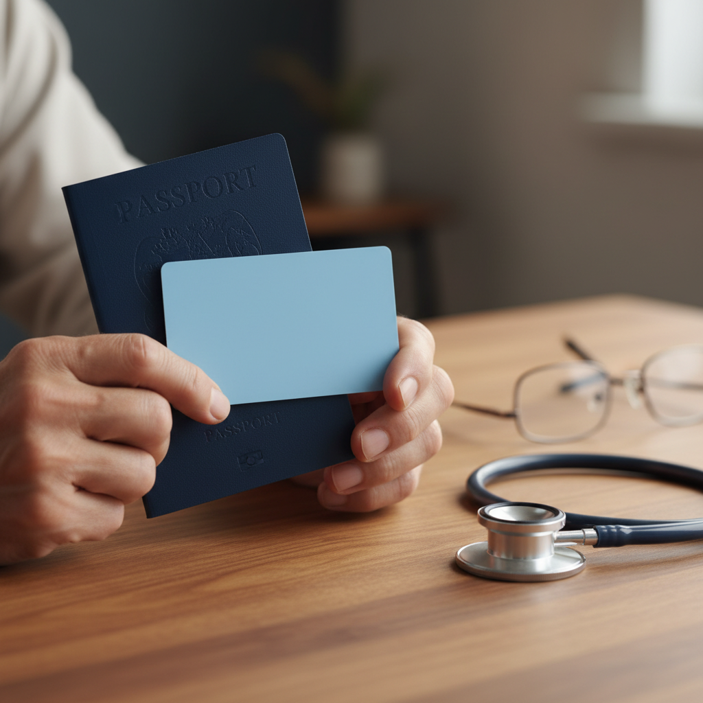 Close-up of senior hands with passport and health card beside a stethoscope, illustrating Super Visa parent insurance medical coverage documents