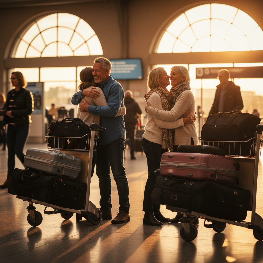 Family reuniting at a Canadian airport arrivals area, symbolizing parents entering Canada with Super Visa medical insurance arranged