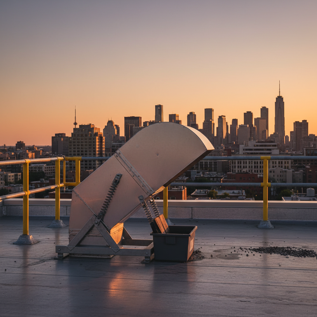 Rooftop upblast exhaust fan with hinge kit and grease containment, compliant with NFPA 96 and fire code inspection