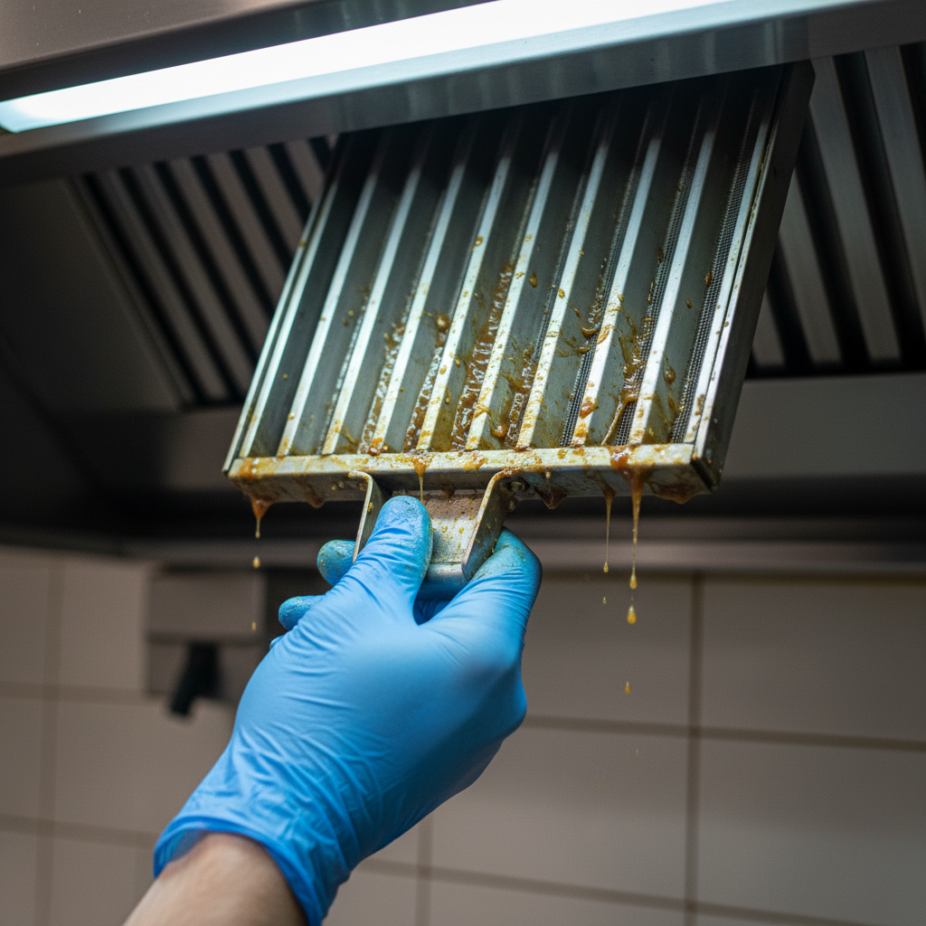 Close-up of stainless baffle filters being removed for NFPA 96 kitchen exhaust cleaning to control grease buildup