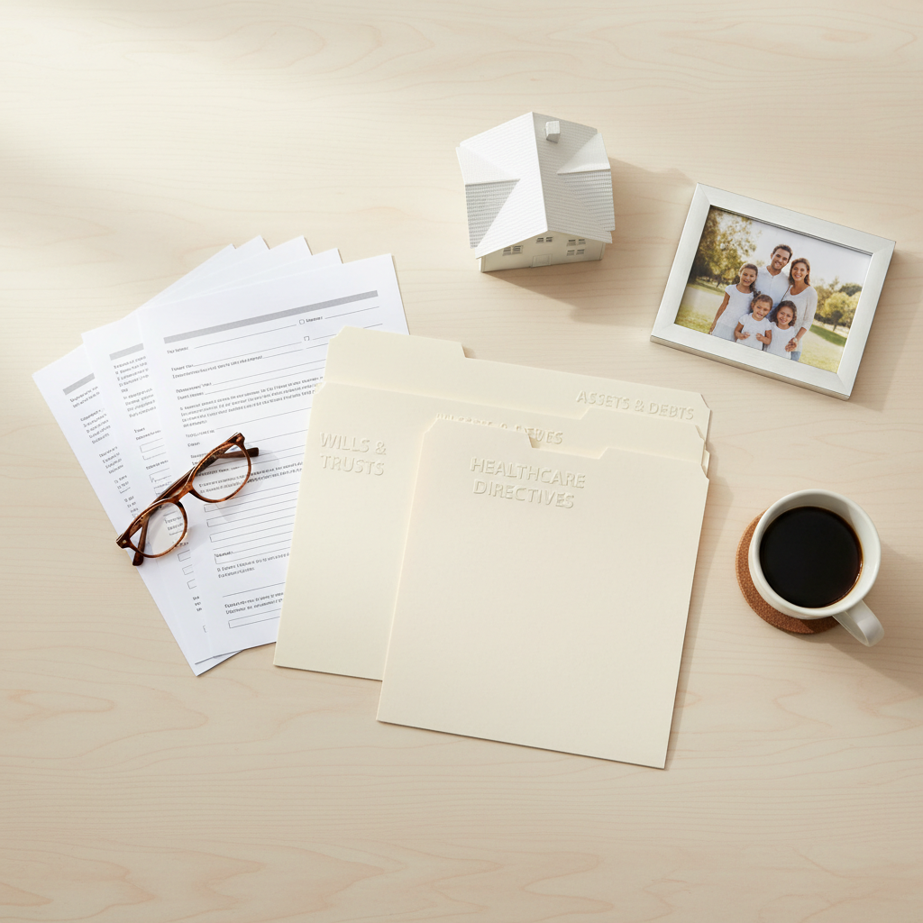 Organized estate planning checklist materials arranged on desk with folders and house model