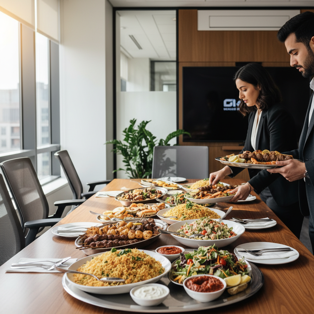 Halal-friendly catering platters arranged in a modern Toronto office, featuring grilled meats, rice, salads, and sauces for a corporate lunch