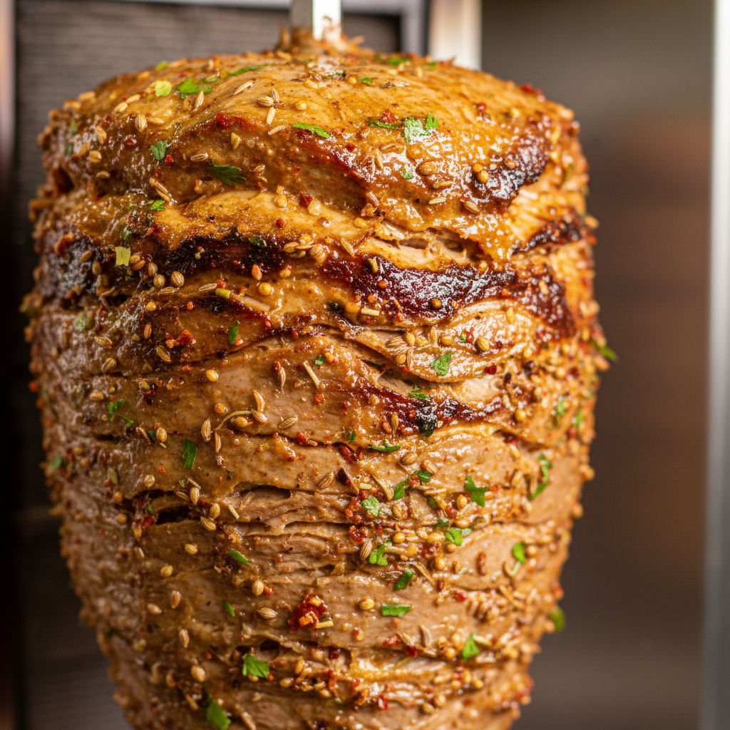 Close-up of halal-style shawarma meat on a vertical rotisserie in a Toronto kitchen, showing caramelized edges and spices