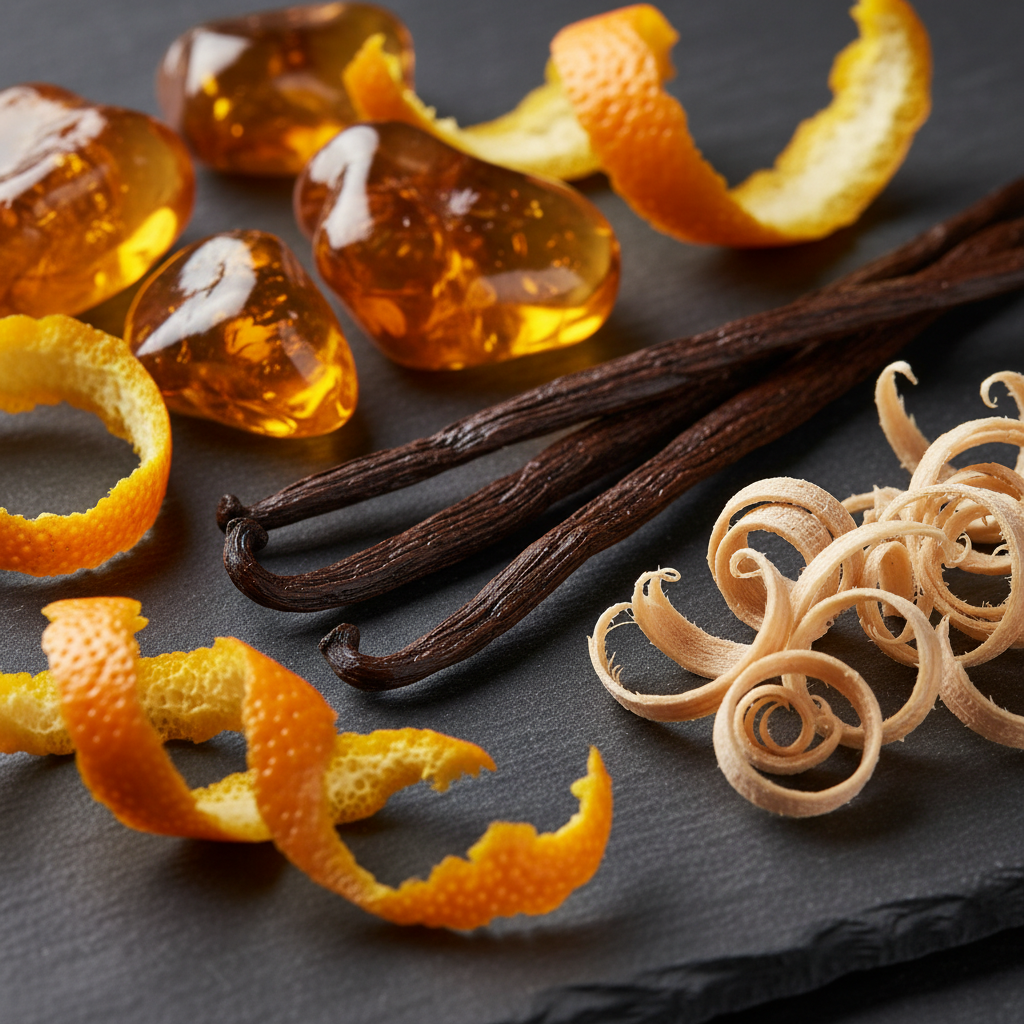 Premium perfume ingredients macro – amber, citrus peel, sandalwood, and vanilla – illustrating Auremie perfumes craftsmanship