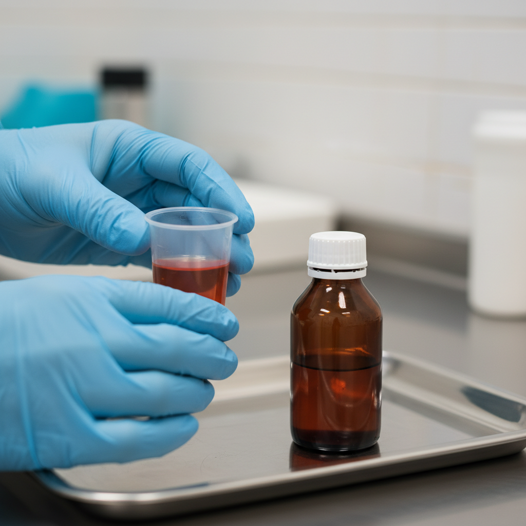 Close-up of safe methadone dosing at an outpatient clinic, illustrating supervised care and opioid agonist therapy best practices