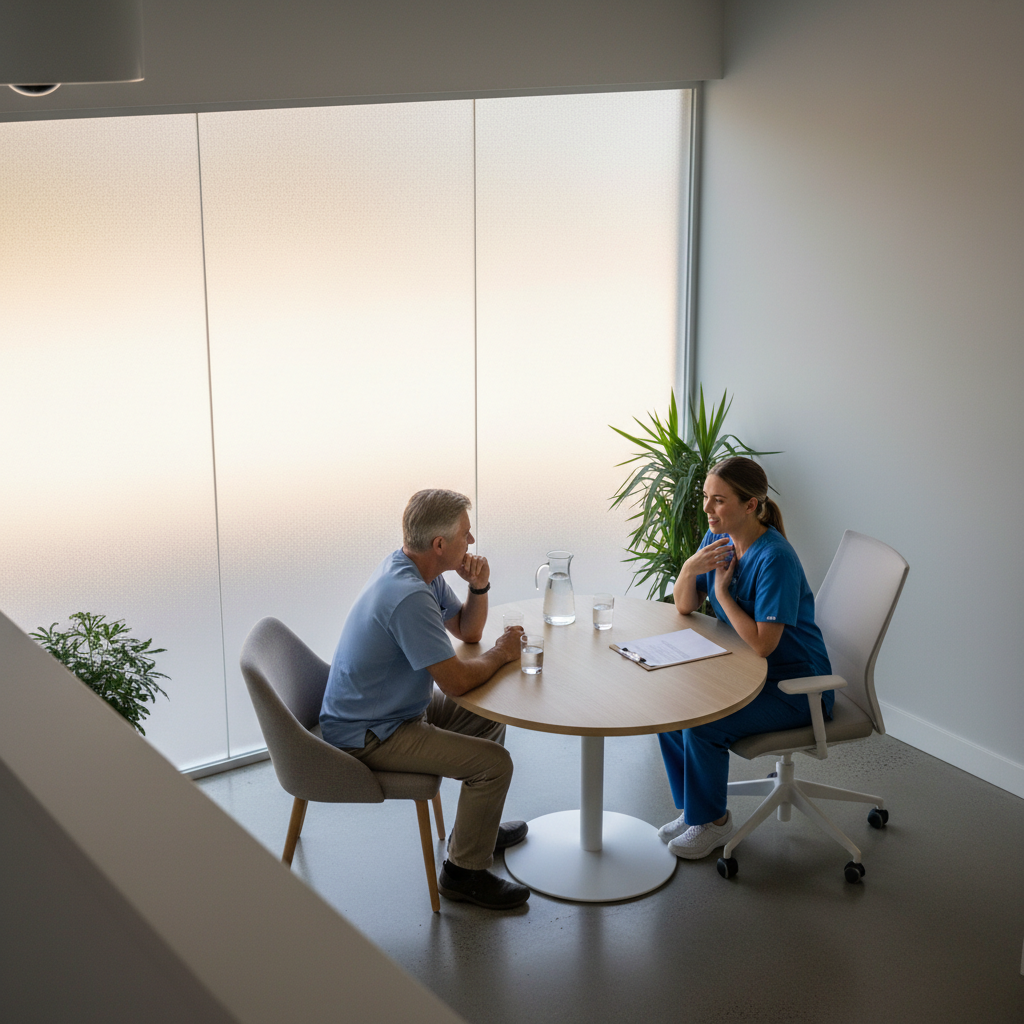 Private consultation room scene with nurse and patient discussing methadone care plan in a north county clinic