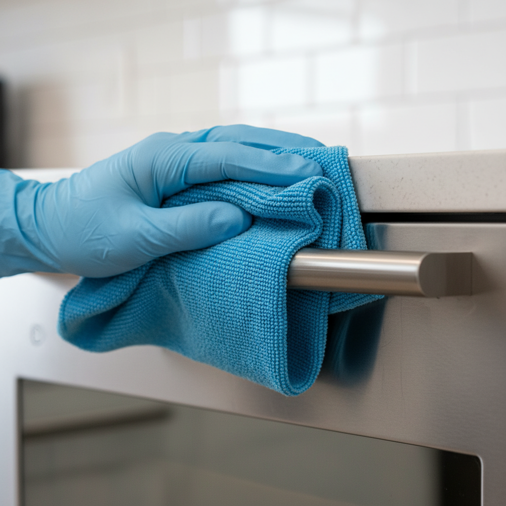 Appliance cleaning Saskatoon: close-up of a stainless oven handle being wiped with a microfiber cloth for hygienic kitchen cleaning