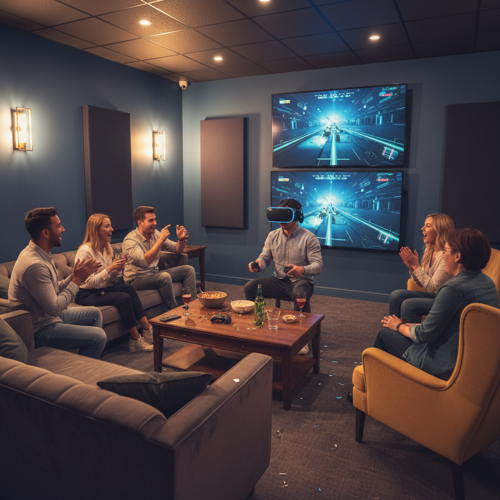 Private party room with lounge seating and big screens at The Next Level VR arcade in London, Ontario