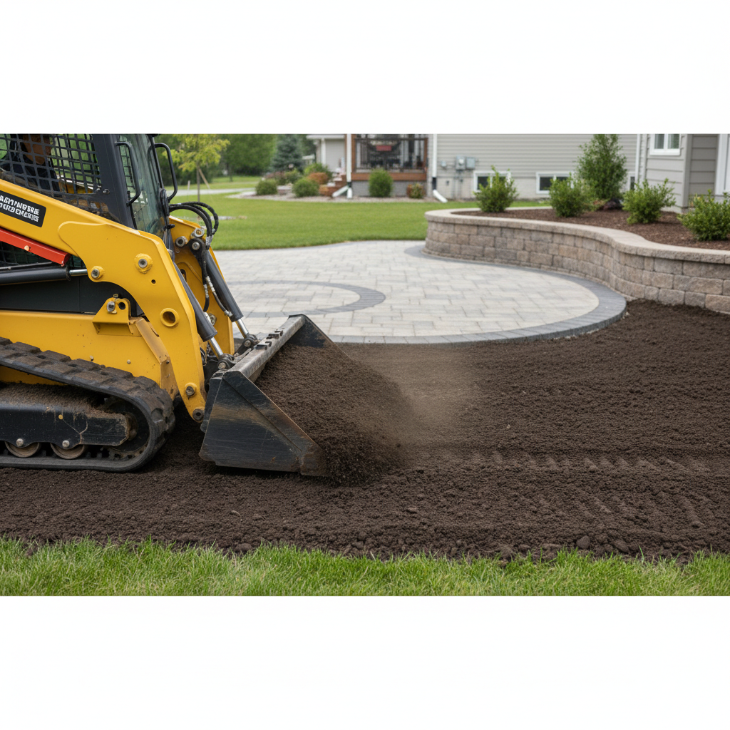 Compact track loader spreading screened topsoil to establish consistent lawn grading near an interlocking patio and retaining wall