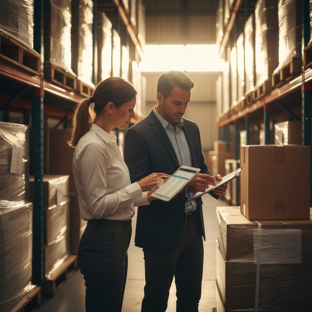 Small business owner collaborating with accountant in a warehouse, reviewing invoices and inventory to improve cash conversion and growth