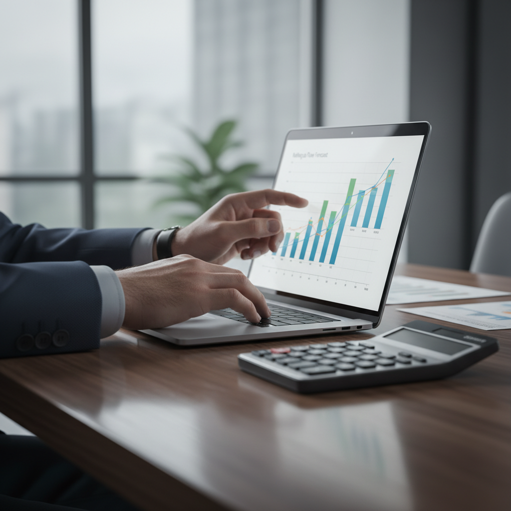 Close-up of CFO hands updating a 13-week cash flow forecast with charts and calculator, illustrating business finance guidance for growth
