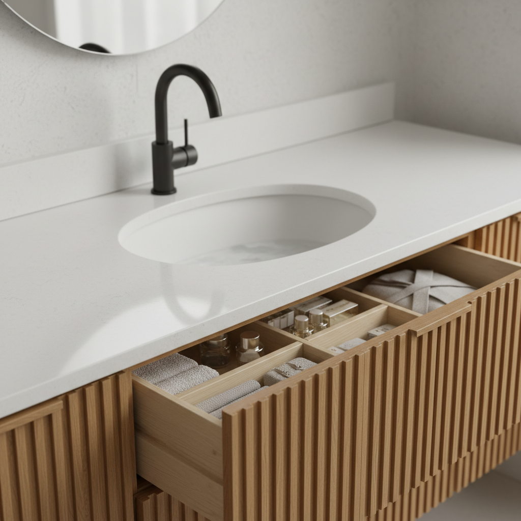 Bathroom Vanity Design Trends 2026: Save Space and Style 1 Close-up of 2026 bathroom vanity design trends with mitered quartz, matte black faucet, and fluted oak drawer showing organized dividers