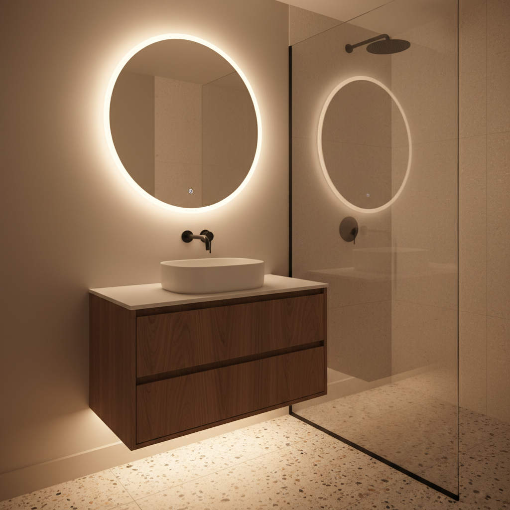 Bathroom Vanity Design Trends 2026: Save Space and Style 2 Compact condo bathroom vanity with floating walnut cabinet, under-cabinet LED lighting, and backlit round mirror following 2026 bathroom vanity design trends