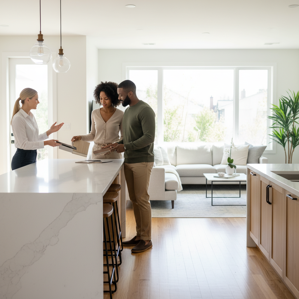 Modern Canadian open house scene with buyers reviewing kitchen finishes and planning next steps in the home buying process