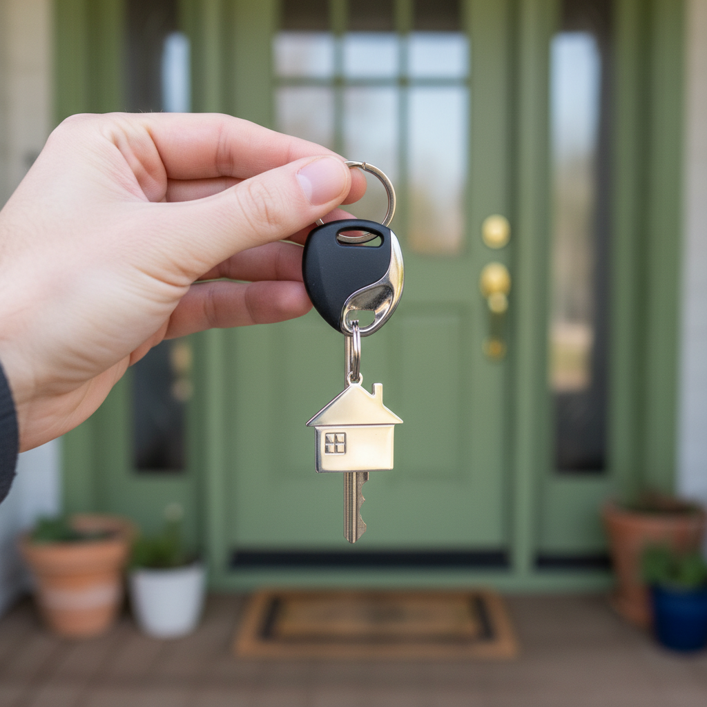 Close-up of a hand holding new house keys in front of a front door, symbolizing a smooth Canadian home buying process