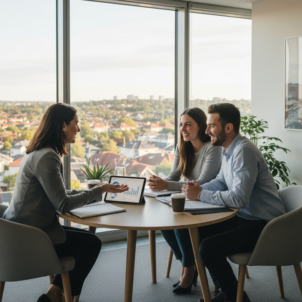 Mortgage broker meeting with Liverpool couple in a bright office, discussing refinance options across Australian lenders